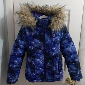 So Kids Galaxy Print Puffer Jacket Faux Fur Hood Size 7/8